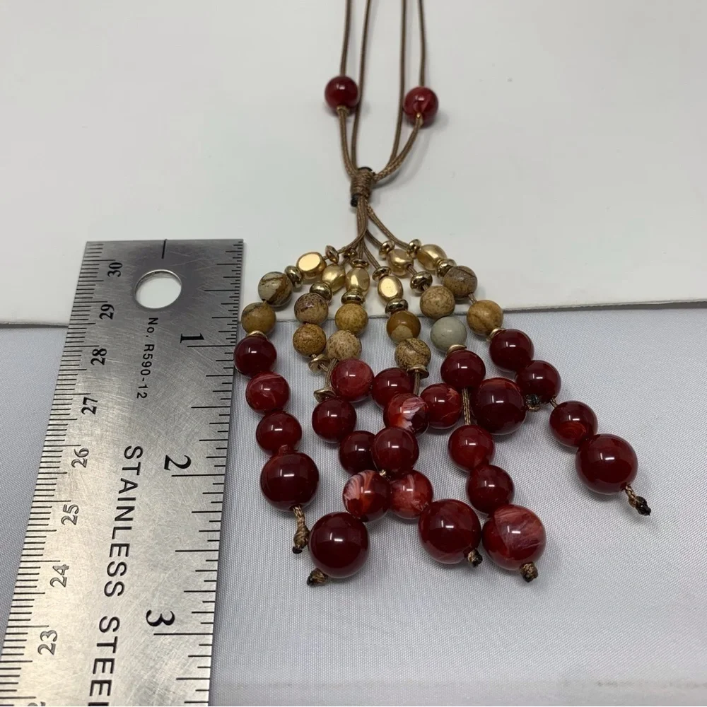 Boho Red and Brown Beaded Tassel Long Necklace